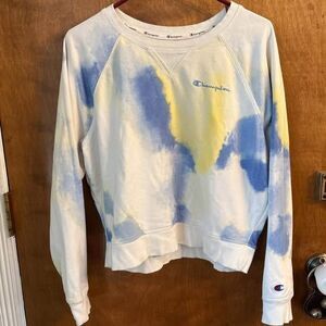 Champion Blue Yellow Cloud Tie Dye Crewneck Sweatshirt Sporty Cozy Women's L